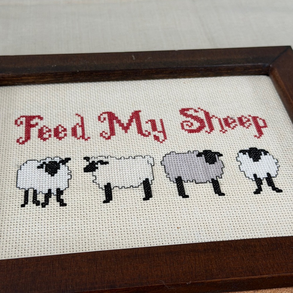 Vintage Feed My Sheep Memo Board Cork Board Wall Organizer Framed Cross Stitch - Picture 10 of 10